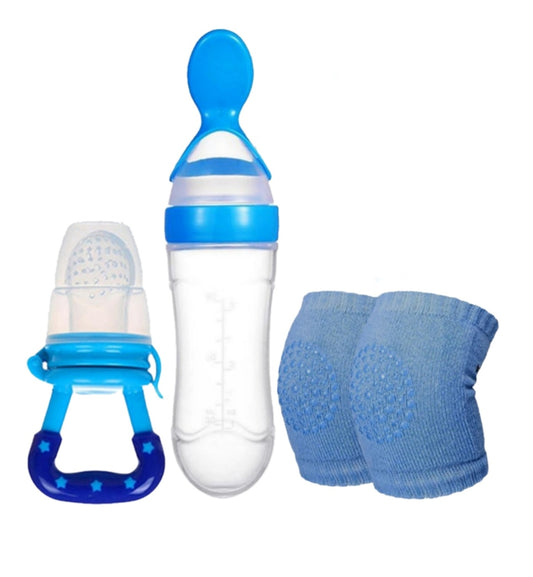 Baby Silicone Squeeze Spoon Feeder with Fruit Pacifier and Knee Pads (Blue and Pink)