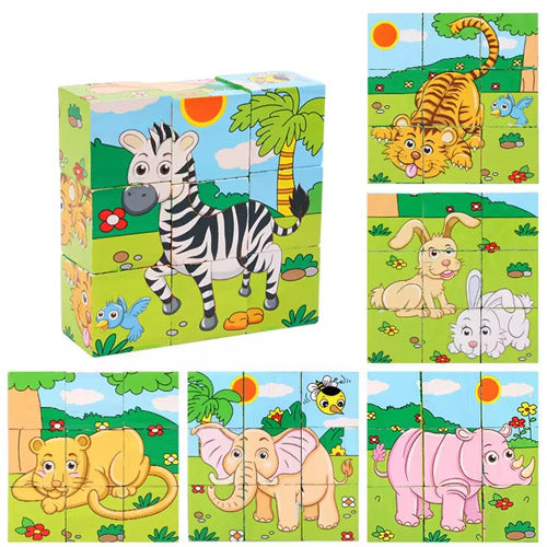 6 Sided Jungle Animals Cubical Wooden Puzzle for Kids